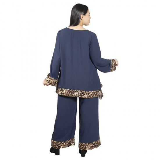 Γυναικείο Σετ Παντελόνι - Μπλούζα Με Κολιέ Plus Size Μπλε Σκούρο - Λεοπάρ Γυναικείο Σετ Παντελόνι - Μπλούζα Με Κολιέ Plus Size Μπλε Σκούρο - Λεοπάρ