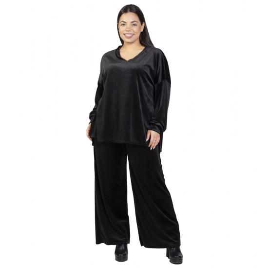 Γυναικείο Σετ Παντελόνι - Μπλούζα Βελούδο Plus Size Μαύρο