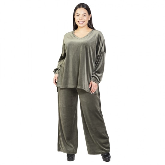 Γυναικείο Σετ Παντελόνι - Μπλούζα Βελούδο Plus Size Χακί Γυναικείο Σετ Παντελόνι - Μπλούζα Βελούδο Plus Size Χακί