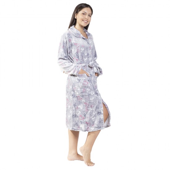 Γυναικεία Ρόμπα Fleece Γκρι Με Σχέδιο Καρδούλες Γυναικεία Ρόμπα Fleece Γκρι Με Σχέδιο Καρδούλες