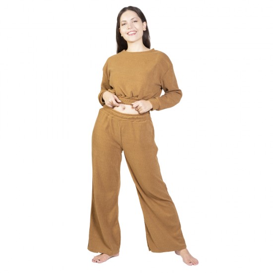 Γυναικείο Σετ Παντελόνι - Μπλούζα Crop Top Ριπ Καφέ Γυναικείο Σετ Παντελόνι - Μπλούζα Crop Top Ριπ Καφέ