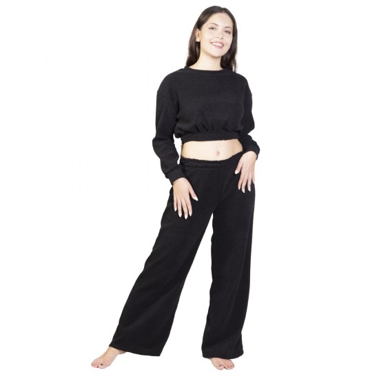 Γυναικείο Σετ Παντελόνι - Μπλούζα Crop Top Ριπ Μαύρο Γυναικείο Σετ Παντελόνι - Μπλούζα Crop Top Ριπ Μαύρο