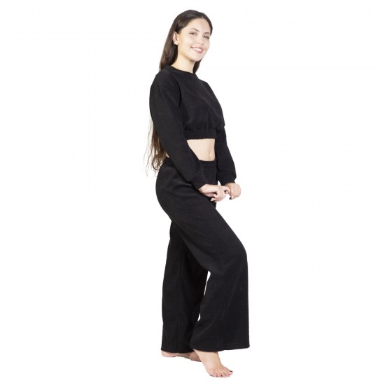 Γυναικείο Σετ Παντελόνι - Μπλούζα Crop Top Ριπ Μαύρο Γυναικείο Σετ Παντελόνι - Μπλούζα Crop Top Ριπ Μαύρο